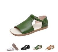 Women's Cow Genuine Leather Flats - Women's Summer Open-Toe Sandals,Flats Roman Sandals Comfort Soft Sole Non-Slip Beach Walking Shoes (Green,35)