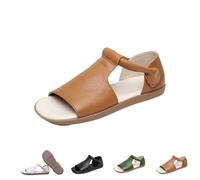 Women's Cow Genuine Leather Flats - Women's Summer Open-Toe Sandals,Flats Roman Sandals Comfort Soft Sole Non-Slip Beach Walking Shoes (Khaki,35)