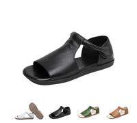 Women's Cow Genuine Leather Flats - Women's Summer Open-Toe Sandals,Flats Roman Sandals Comfort Soft Sole Non-Slip Beach Walking Shoes (Black,38)