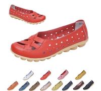 Womens Cowhide Leather Slip On Moccasins Shoes Flat Slipper Comfortable Leather Loafers Breathable Lightweight Round Toe Nurse Loafer Driving Walking Flat Work Shoes (Red,39)