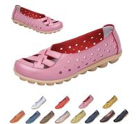 Womens Cowhide Leather Slip On Moccasins Shoes Flat Slipper Comfortable Leather Loafers Breathable Lightweight Round Toe Nurse Loafer Driving Walking Flat Work Shoes (Pink,39)