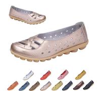 Womens Cowhide Leather Slip On Moccasins Shoes Flat Slipper Comfortable Leather Loafers Breathable Lightweight Round Toe Nurse Loafer Driving Walking Flat Work Shoes (Gold,36)