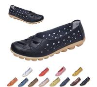 Womens Cowhide Leather Slip On Moccasins Shoes Flat Slipper Comfortable Leather Loafers Breathable Lightweight Round Toe Nurse Loafer Driving Walking Flat Work Shoes (Black,42)