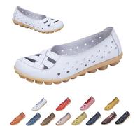 Womens Cowhide Leather Slip On Moccasins Shoes Flat Slipper Comfortable Leather Loafers Breathable Lightweight Round Toe Nurse Loafer Driving Walking Flat Work Shoes (White,37)