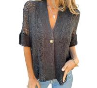 Women's Crochet Cardigan Short Sleeve V Neck Button Down Open Front Crochet Knit Cropped Lightweight Hollow out Short Sleeve Button Down (Black,L)