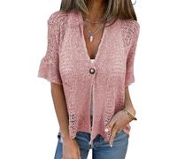 Women's Crochet Cardigan Short Sleeve V Neck Button Down Open Front Crochet Knit Cropped Lightweight Hollow out Short Sleeve Button Down (Pink,XL)