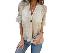 Women's Crochet Cardigan Short Sleeve V Neck Button Down Open Front Crochet Knit Cropped Lightweight Hollow out Short Sleeve Button Down (Apricot,S)