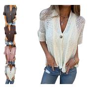 Women's Crochet Cardigan Summer Lightweight Hollow out Short Sleeve Hollow V Neck Button Down Open Front Loose Knit Sweater (White,L)
