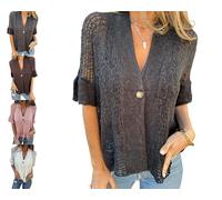 Women's Crochet Cardigan Summer Lightweight Hollow out Short Sleeve Hollow V Neck Button Down Open Front Loose Knit Sweater (Black,XL)