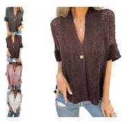 Women's Crochet Cardigan Summer Lightweight Hollow out Short Sleeve Hollow V Neck Button Down Open Front Loose Knit Sweater (Brown,XXL)