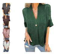 Women's Crochet Cardigan Summer Lightweight Hollow out Short Sleeve Hollow V Neck Button Down Open Front Loose Knit Sweater (Green,XL)