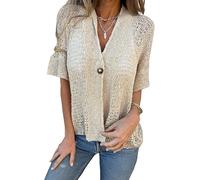 Women's Crochet Cardigan Summer Lightweight Hollow out Short Sleeve V Neck Button Down Open Front Loose Knit Sweater (Apricot,XXL)