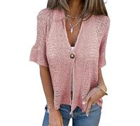 Women's Crochet Cardigan Summer Lightweight Hollow out Short Sleeve V Neck Button Down Open Front Loose Knit Sweater (Pink,S)