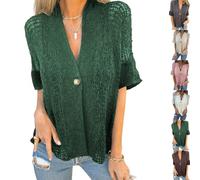 Women's Crochet Cardigan Summer Lightweight Hollow out Short Sleeve V Neck Button Down Open Front Loose Knit Sweater (Green,L)