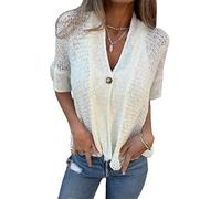 Women's Crochet Cardigan Summer Lightweight Hollow out Short Sleeve V Neck Button Down Open Front Loose Knit Sweater (White,3XL)