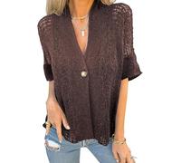 Women's Crochet Cardigan Summer Lightweight Hollow out Short Sleeve V Neck Button Down Open Front Loose Knit Sweater (Brown,M)