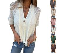 Women's Crochet Cardigan Summer Lightweight Hollow out Short Sleeve V Neck Button Down Open Front Loose Knit Sweater (White,M)