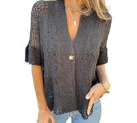 Women's Crochet Cardigan Summer Lightweight Hollow out Short Sleeve V Neck Button Down Open Front Loose Knit Sweater (Black,3XL)