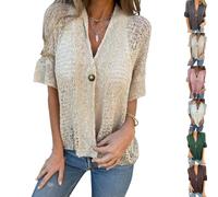 Women's Crochet Cardigan Summer Lightweight Hollow out Short Sleeve V Neck Button Down Open Front Loose Knit Sweater (Apricot,XXL)