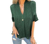 Women's Crochet Cardigan Summer Lightweight Hollow out Short Sleeve V Neck Button Down Open Front Loose Knit Sweater (Green,XL)
