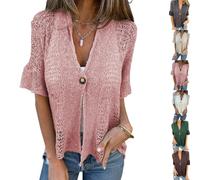 Women's Crochet Cardigan Summer Lightweight Hollow out Short Sleeve V Neck Button Down Open Front Loose Knit Sweater (Pink,M)