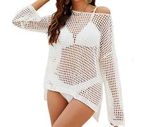 Women's Crochet Hollow Out Cover Up, Summer Net Long Sleeve Beach Bikini Swimsuit Mesh Cover Ups Top