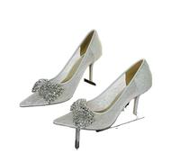 Women's Crystal Embellished Pointed Toe Stiletto Bridal Pumps with Shimmer Lace Upper for Wedding Evening And Party Dress Shoes(Beige,41)