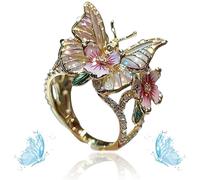 Women's Cute Enamel Fashion Shiny Flower Butterflys Open Pink Ring (A-Gold)