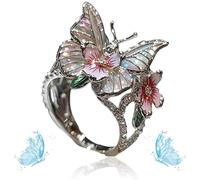 Women's Cute Enamel Fashion Shiny Flower Butterflys Open Pink Ring (A-Silver)
