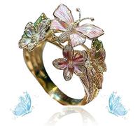 Women's Cute Enamel Fashion Shiny Flower Butterflys Open Pink Ring (B-Gold)