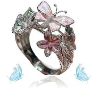 Women's Cute Enamel Fashion Shiny Flower Butterflys Open Pink Ring (B-Silver)