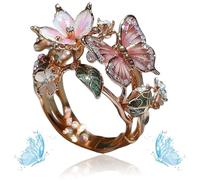 Women's Cute Enamel Fashion Shiny Flower Butterflys Open Pink Ring (C-Rose Gold)