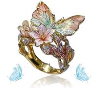 Women's Cute Enamel Fashion Shiny Flower Butterflys Open Pink Ring (D-Gold)