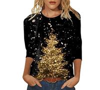 Womens Daily Christmas Print O Neck Tops Maglietta a maniche a tre quarti con scollo rotondo, stampa Loose Side Split Camicetta Tunica Cut Out Body, Nero , XXL
