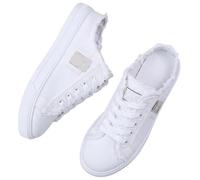 Women's Denim Mule Sneakers, Slip-On Canvas Mules Comfortable Sole Round Toe Lace-Up Trainers Casual Backless Shoes (White,37 1/9)