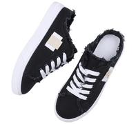 Women's Denim Mule Sneakers, Slip-On Canvas Mules Comfortable Sole Round Toe Lace-Up Trainers Casual Backless Shoes (Black,42)