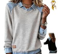 Womens Denim Patchwork Sweatshirts,Long Sleeve Lapel Collar Shirts,Casual Fall Loose Pullover Top Color Block Blouse Outfits (IT, Testo, XXL, Regular, Regular, Gray)