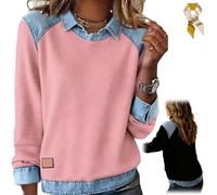 Womens Denim Patchwork Sweatshirts,Long Sleeve Lapel Collar Shirts,Casual Fall Loose Pullover Top Color Block Blouse Outfits (IT, Testo, S, Regular, Regular, Pink)