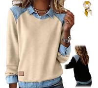 Womens Denim Patchwork Sweatshirts,Long Sleeve Lapel Collar Shirts,Casual Fall Loose Pullover Top Color Block Blouse Outfits (IT, Testo, L, Regular, Regular, Apricot)