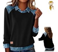 Womens Denim Patchwork Sweatshirts,Long Sleeve Lapel Collar Shirts,Casual Fall Loose Pullover Top Color Block Blouse Outfits (IT, Testo, XL, Regular, Regular, Black)