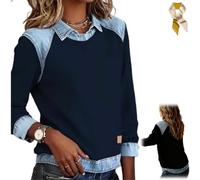 Womens Denim Patchwork Sweatshirts,Long Sleeve Lapel Collar Shirts,Casual Fall Loose Pullover Top Color Block Blouse Outfits (IT, Testo, M, Regular, Regular, Blue)