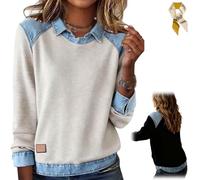 Womens Denim Patchwork Sweatshirts,Long Sleeve Lapel Collar Shirts,Casual Fall Loose Pullover Top Color Block Blouse Outfits (IT, Testo, XXL, Regular, Regular, White)