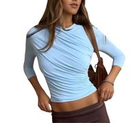 Womens Dressy Casual Ruched Top Three Quarter Sleeve Form Fitting Shirt (Blue,S)