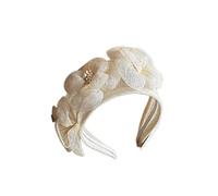 Women's Elegant Floral Sinamay Fascinator Headband, Camellia Design, Beige Color, Professional Chic Fashion Accessory for Events (white)