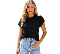 Womens Elegant Ruffle Neck Short Sleeve Blouse Solid Color Casual Summer Top Soft Flowy Tunic Shirt for Work Daily Wear Lightweight Breathable