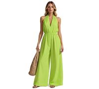 Women's Elegant White Halter Neck Jumpsuit V Neck Sleeveless Wide Leg Pants Elastic Waist Summer Casual Beach Vacation Romper Outfit for Ladies
