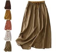 Women's Embroidery Cotton Linen Midi Skirts A Line Bohemian Beach Solid High Drawstring Waist with Side Pockets (Khaki,XL)