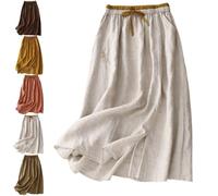 Women's Embroidery Cotton Linen Midi Skirts A Line Bohemian Beach Solid High Drawstring Waist with Side Pockets (Hemp,XL)