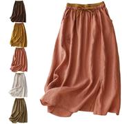 Women's Embroidery Cotton Linen Midi Skirts A Line Bohemian Beach Solid High Drawstring Waist with Side Pockets (Pink,M)