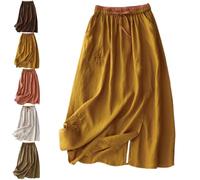 Women's Embroidery Cotton Linen Midi Skirts A Line Bohemian Beach Solid High Drawstring Waist with Side Pockets (Yellow,M)